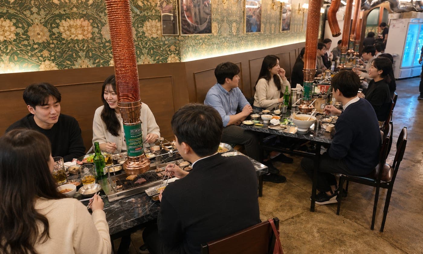 회식 · 데이트 · 친목 모임 — 양복점 매장 식사 장면